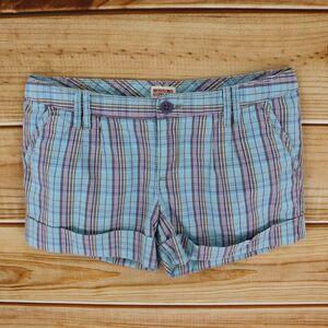 Mossimo Cuffed Chino Shorts Juniors Sz 3 Blue Plaid 100% Cotton Pockets Mid Rise